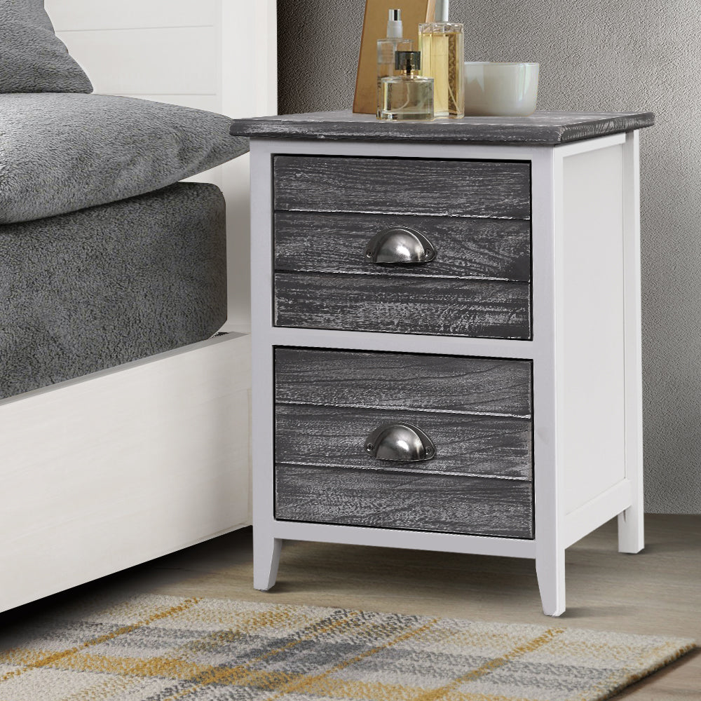 Artiss Bedside Table 2 Drawers Vintage X2 - THYME Grey-Bedside Tables-PEROZ Accessories