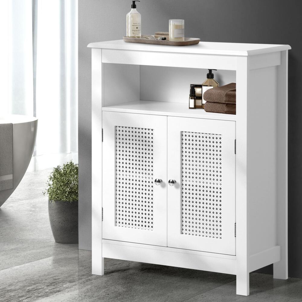 Oikiture Bathroom Cabinet Two Rattan Door White-Bathroom Cabinets-PEROZ Accessories