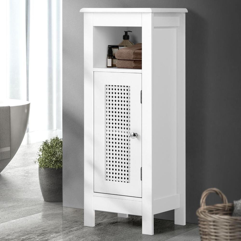 Oikiture Bathroom Cabinet Floor Cupboard Slim Laundry Storage Rattan Door White-Bathroom Cabinet-PEROZ Accessories