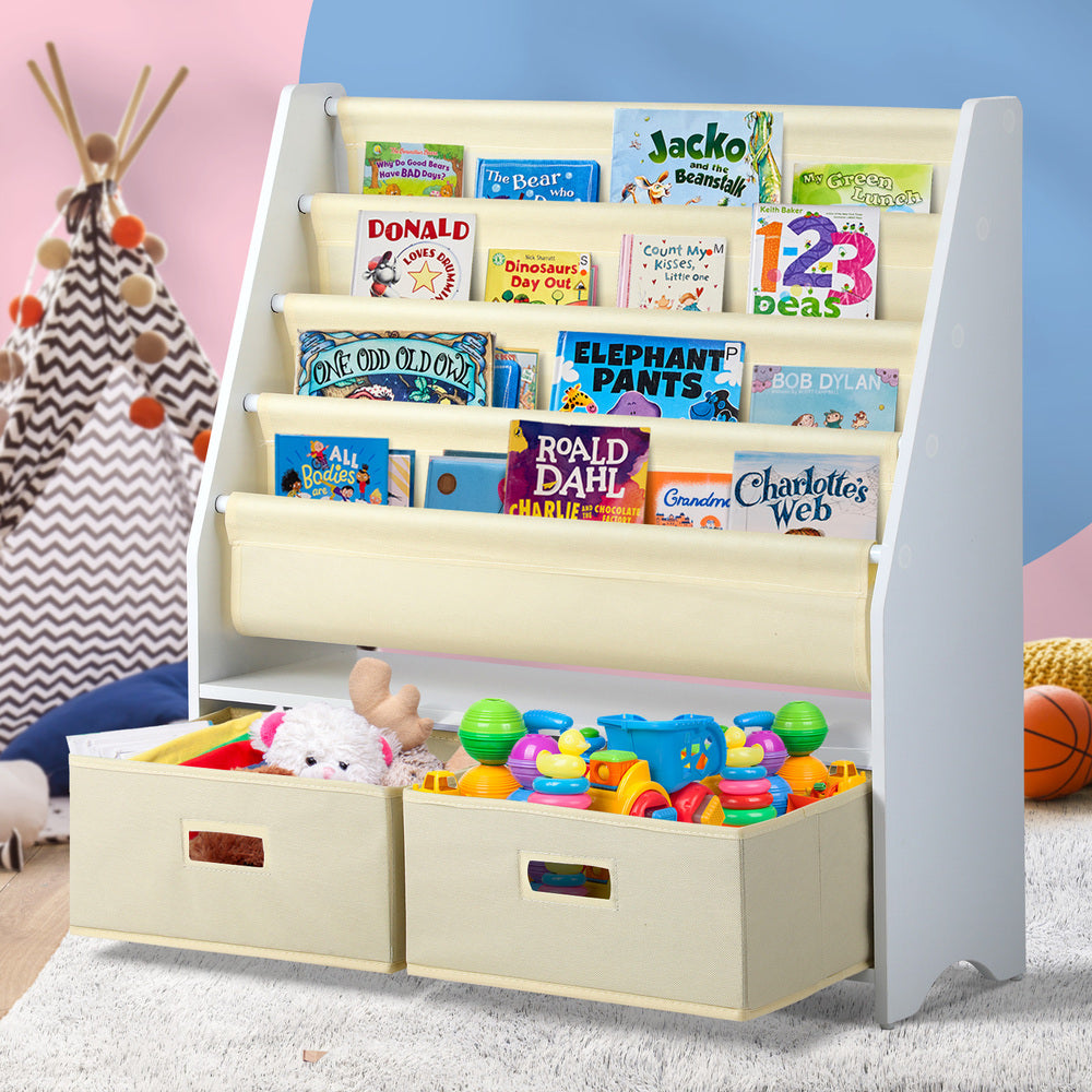 Oikiture 4 Tier Kids Bookshelf Bookcase with 2 Drawers Children Toy Storage Cabinet-Storage Cabinet-PEROZ Accessories
