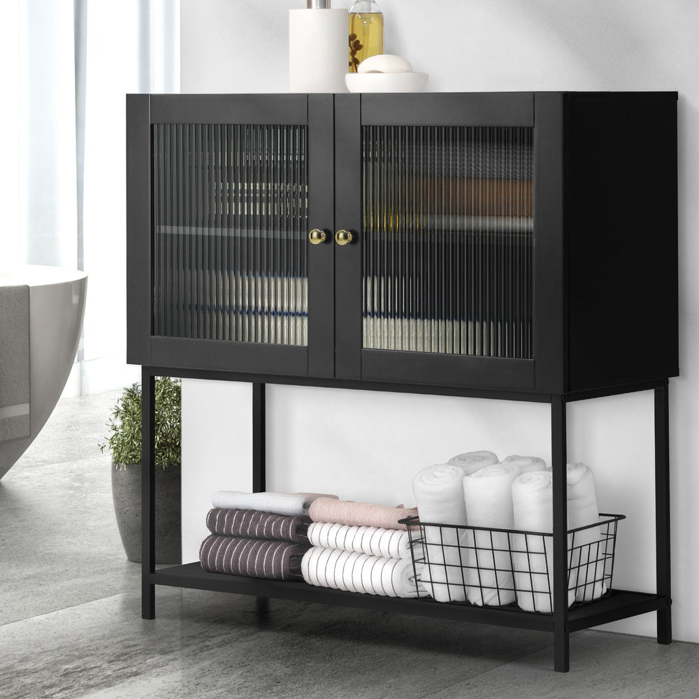 Oikiture Bathroom Cabinet Two Tempered Glass Door Black-Bathroom Cabinets-PEROZ Accessories