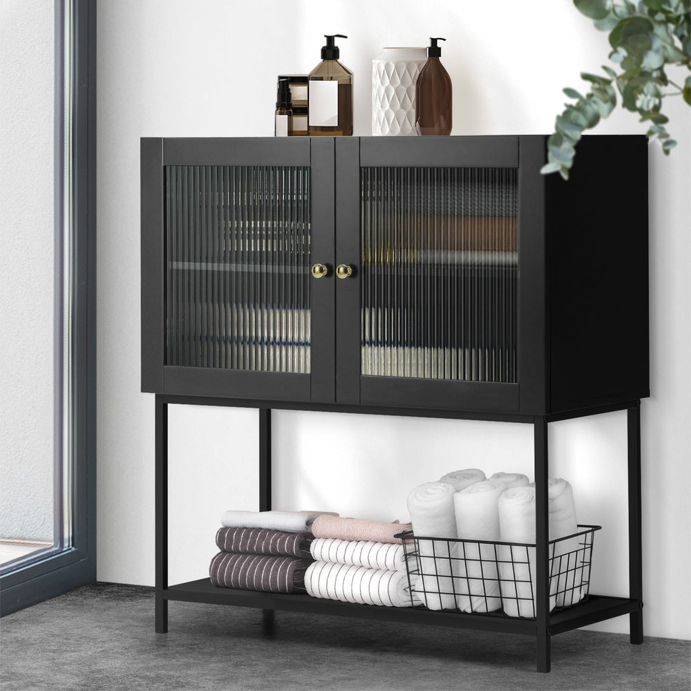 Oikiture Bathroom Cabinet Two Tempered Glass Door Black-Bathroom Cabinets-PEROZ Accessories