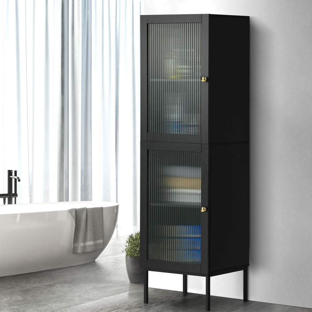 Oikiture Bathroom Cabinet Tempered Glass Door Tall Slim Black-Bathroom Cabinets-PEROZ Accessories
