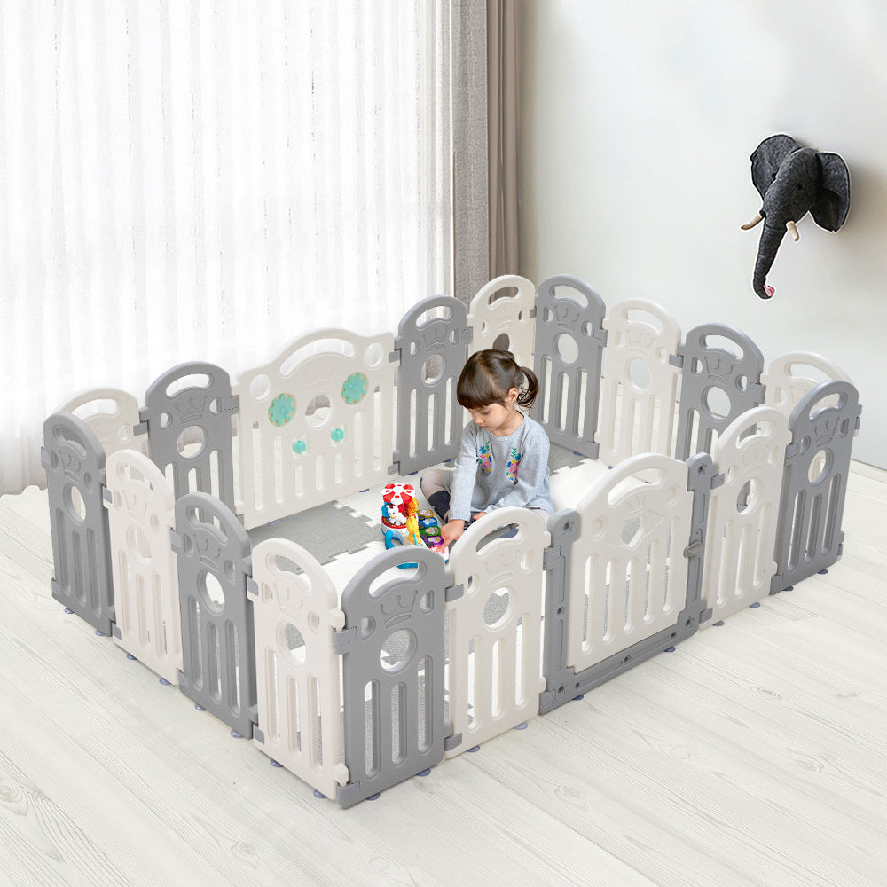 Playpals Kids Playpen Baby Safety Gate Toddler Fence 18 Panels Grey-Kid Playpens-PEROZ Accessories