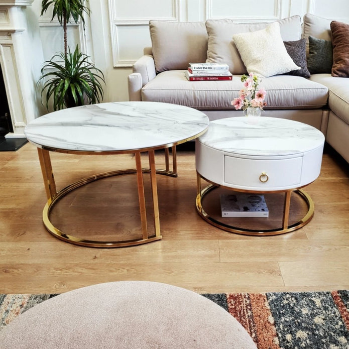 Snowy Mountain Faux Modern Marble Slate Nesting Coffee Table Set Leather Wrapped Wood Drawers-Furniture > Living Room > Coffee Tables-PEROZ Accessories