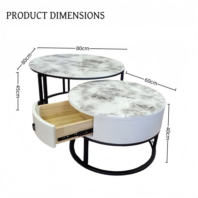 Snowy Mountain Faux Modern Marble Slate Nesting Coffee Table Set Leather Wrapped Wood Drawers-Furniture > Living Room > Coffee Tables-PEROZ Accessories