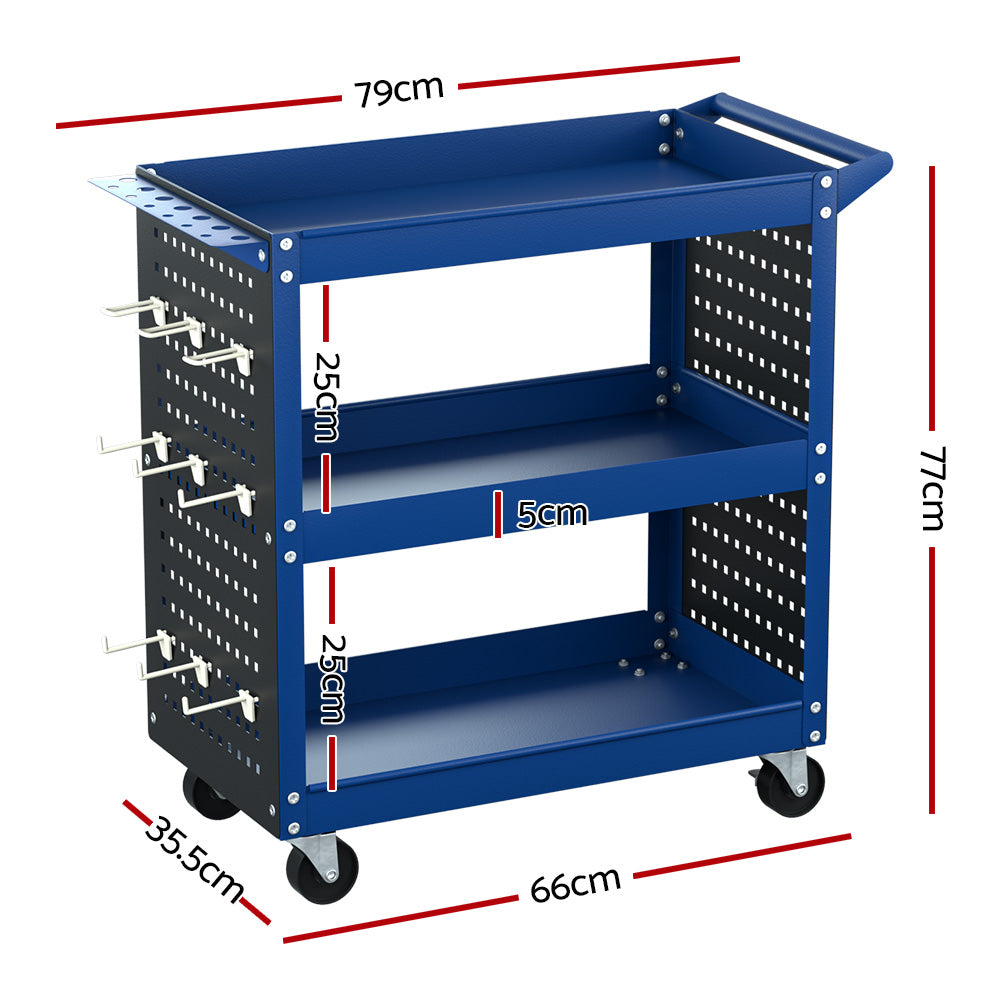 Giantz 3-Tier Tool Cart Storage Trolley Workshop Garage Pegboard Hooks Blue-Tools > Tools Storage > Utility Trolleys-PEROZ Accessories