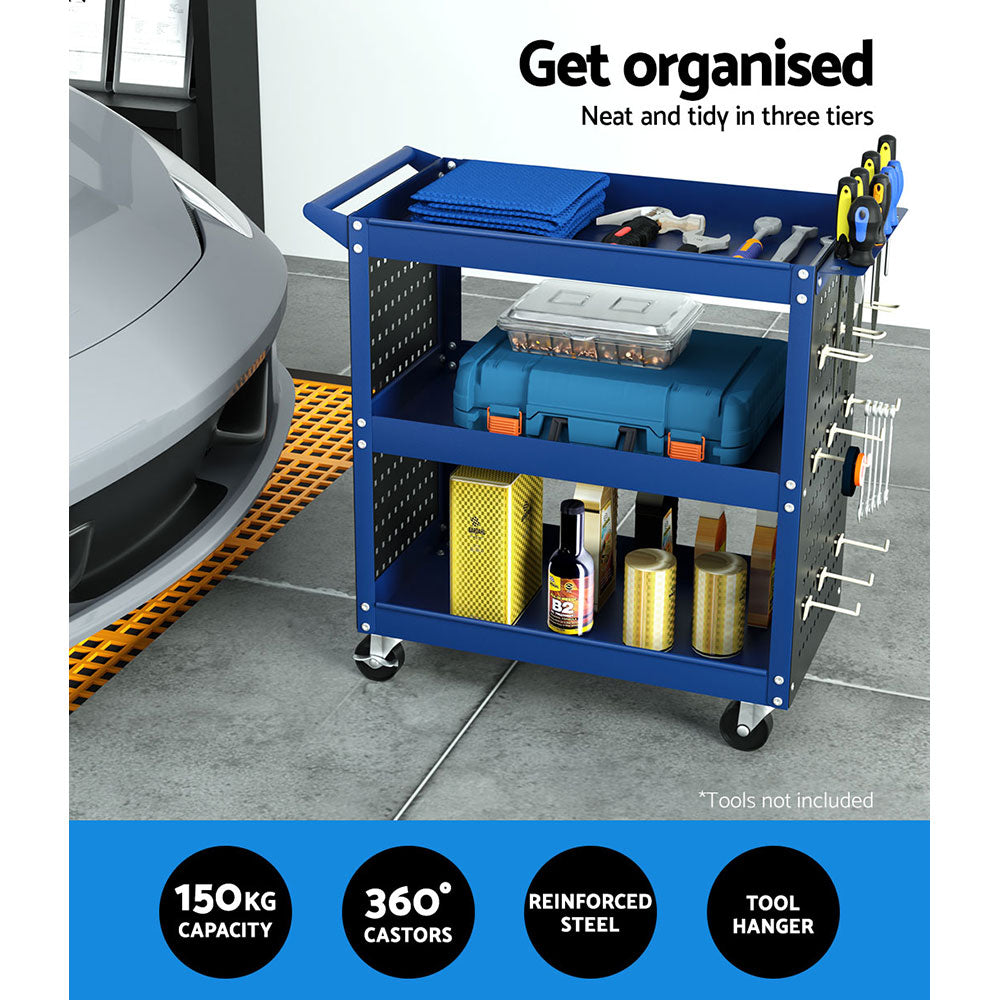 Giantz 3-Tier Tool Cart Storage Trolley Workshop Garage Pegboard Hooks Blue-Tools > Tools Storage > Utility Trolleys-PEROZ Accessories