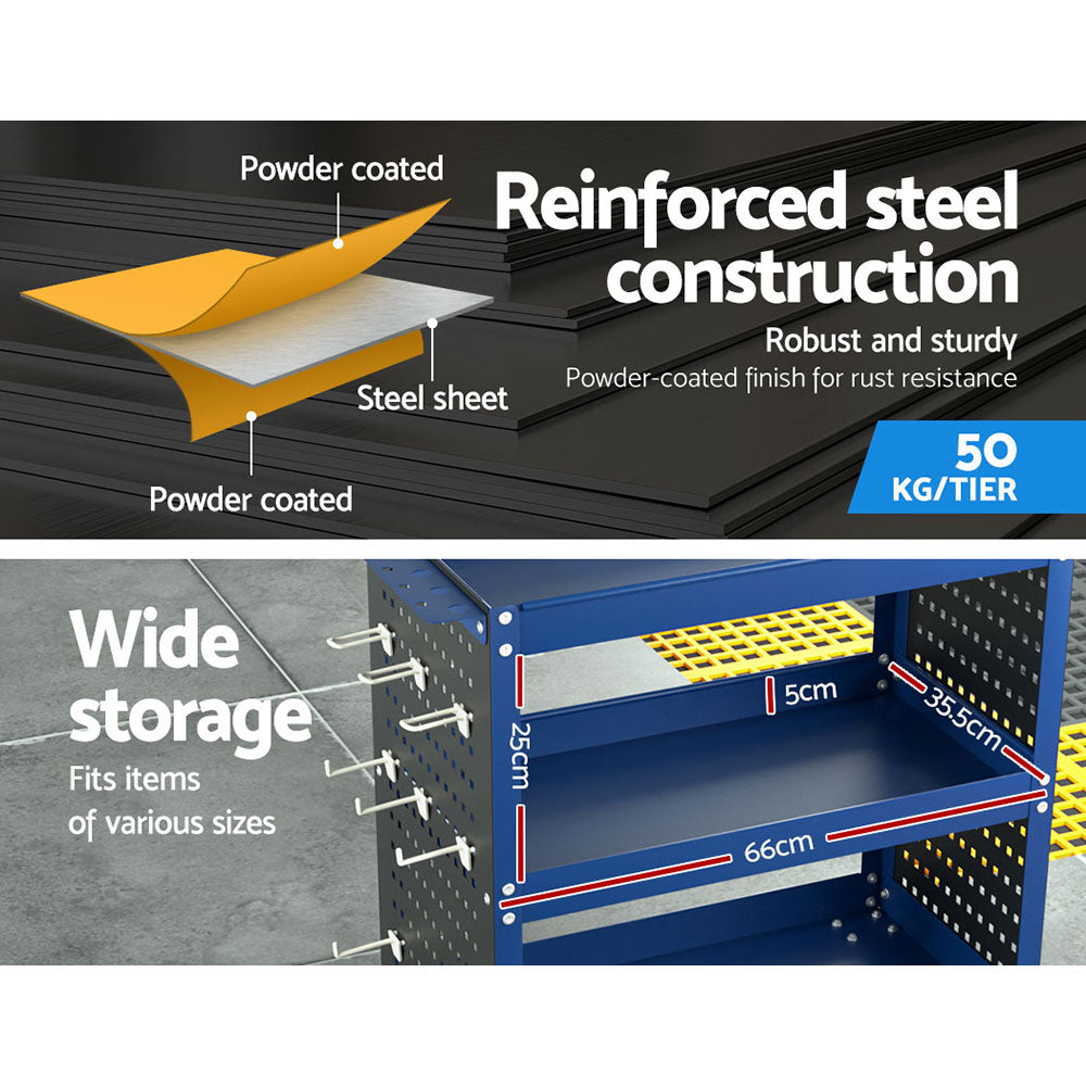 Giantz 3-Tier Tool Cart Storage Trolley Workshop Garage Pegboard Hooks Blue-Tools > Tools Storage > Utility Trolleys-PEROZ Accessories