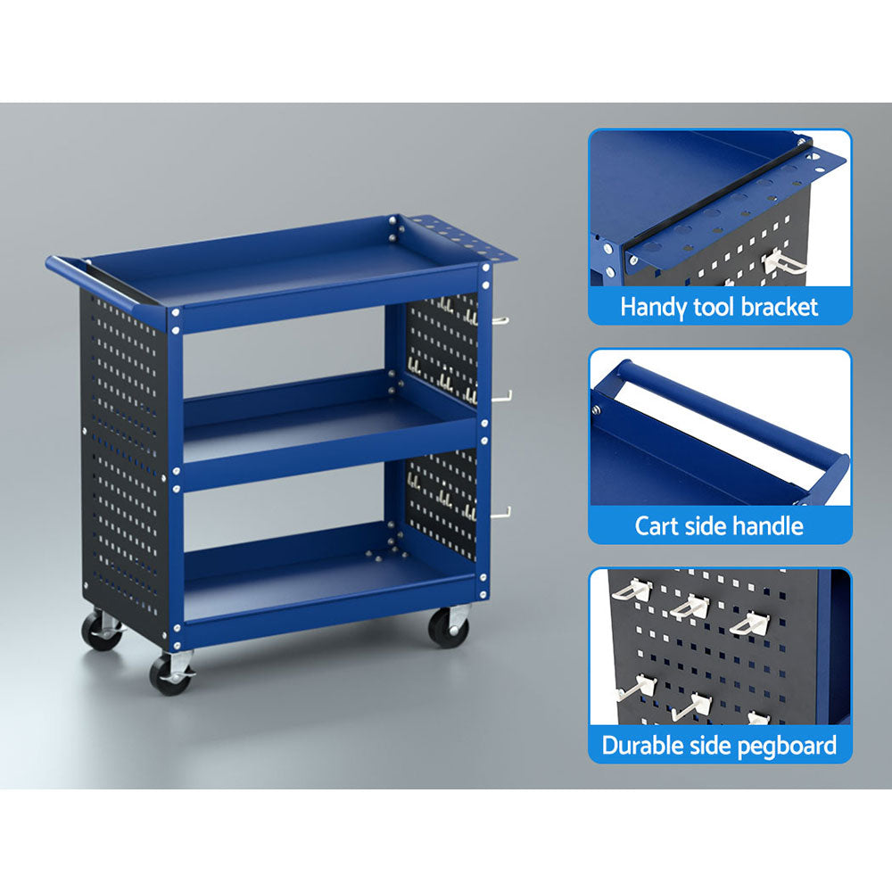 Giantz 3-Tier Tool Cart Storage Trolley Workshop Garage Pegboard Hooks Blue-Tools > Tools Storage > Utility Trolleys-PEROZ Accessories