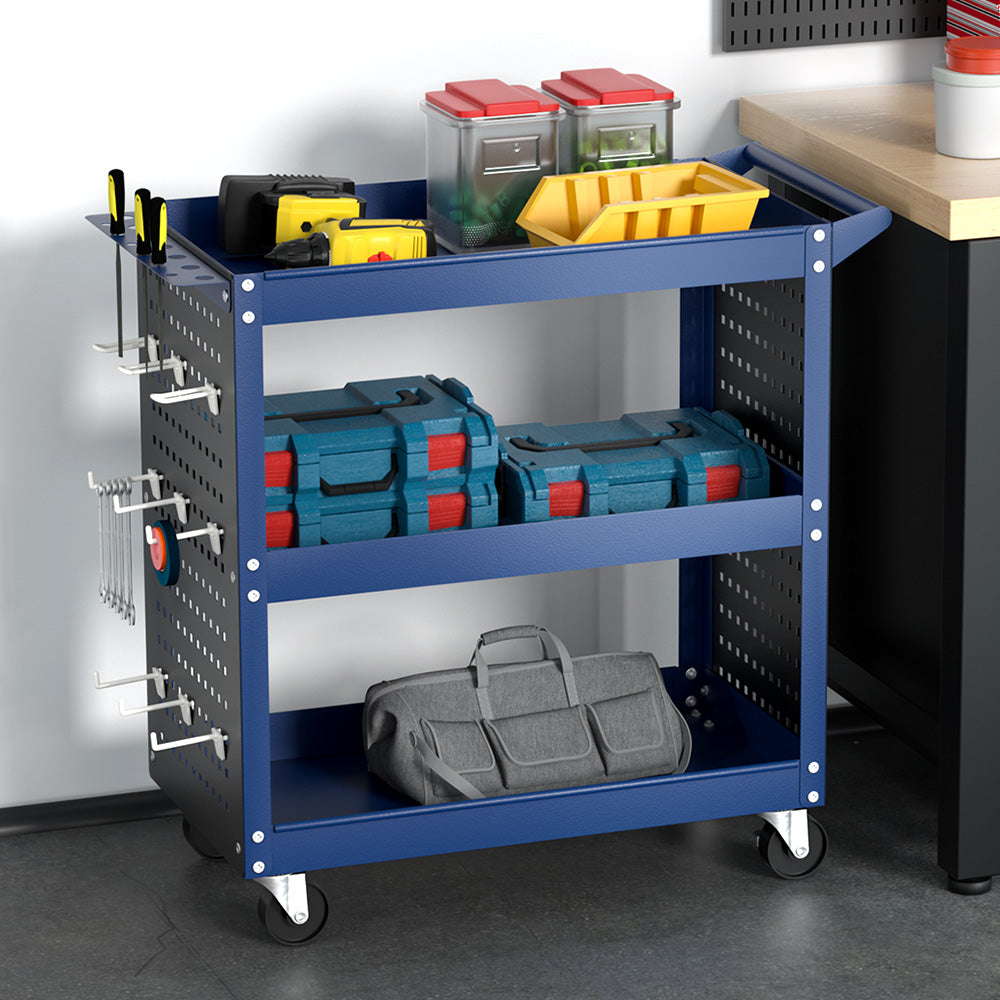 Giantz 3-Tier Tool Cart Storage Trolley Workshop Garage Pegboard Hooks Blue-Tools > Tools Storage > Utility Trolleys-PEROZ Accessories