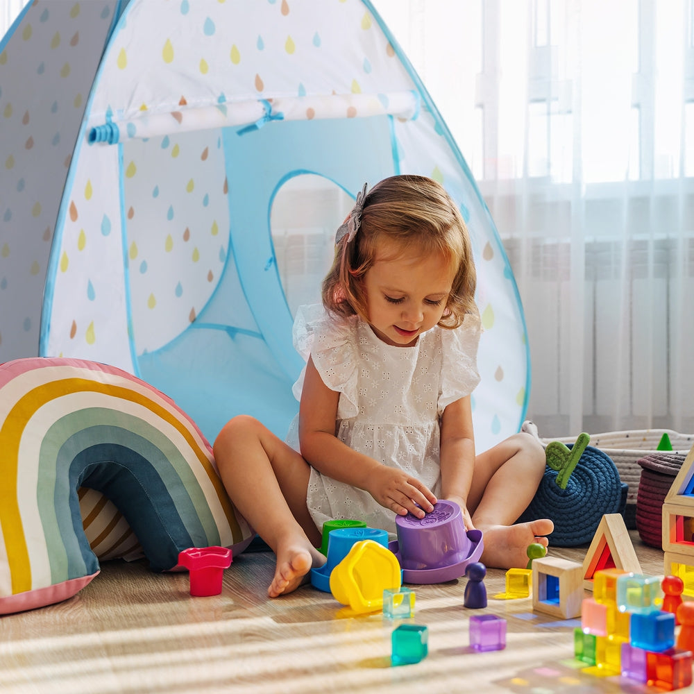 Keezi Kids Play Tent Pop Up Playhouse Ball Pit Tunnel Basketball Hoop Blue-Baby & Kids > Baby & Kid&