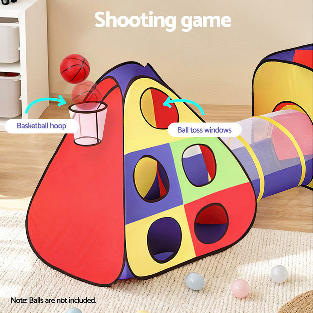 Keezi Kids Play Tent Pop Up Teepee Playhouse Ball Pit Crawl Tunnel Basketball Hoop-Baby & Kids > Baby & Kid&