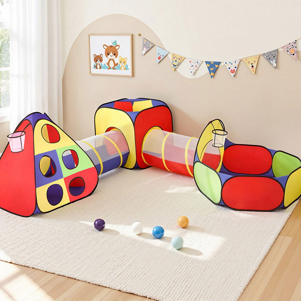 Keezi Kids Play Tent Pop Up Teepee Playhouse Ball Pit Crawl Tunnel Basketball Hoop-Baby & Kids > Baby & Kid&