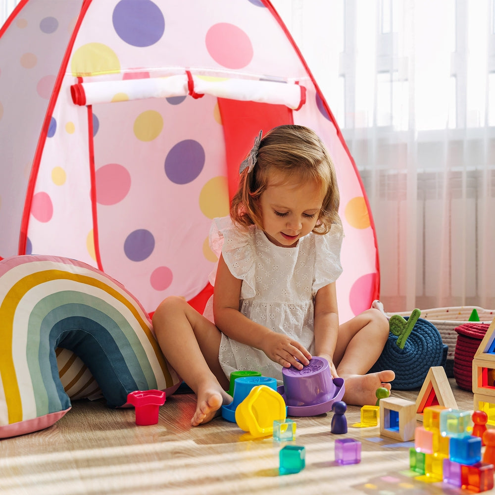 Keezi Kids Playhouse Play Tent Pop Up Teepee Ball Pit Tunnel Basketball Hoop Red-Baby & Kids > Baby & Kid&