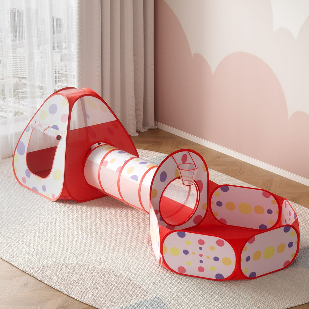 Keezi Kids Playhouse Play Tent Pop Up Teepee Ball Pit Tunnel Basketball Hoop Red-Baby & Kids > Baby & Kid&