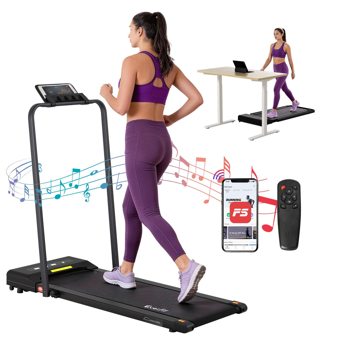 Everfit 2 in 1 Treadmill Electric Walking Pad Under Desk Home Gym Fitness 380mm Black-Walking Pad-PEROZ Accessories