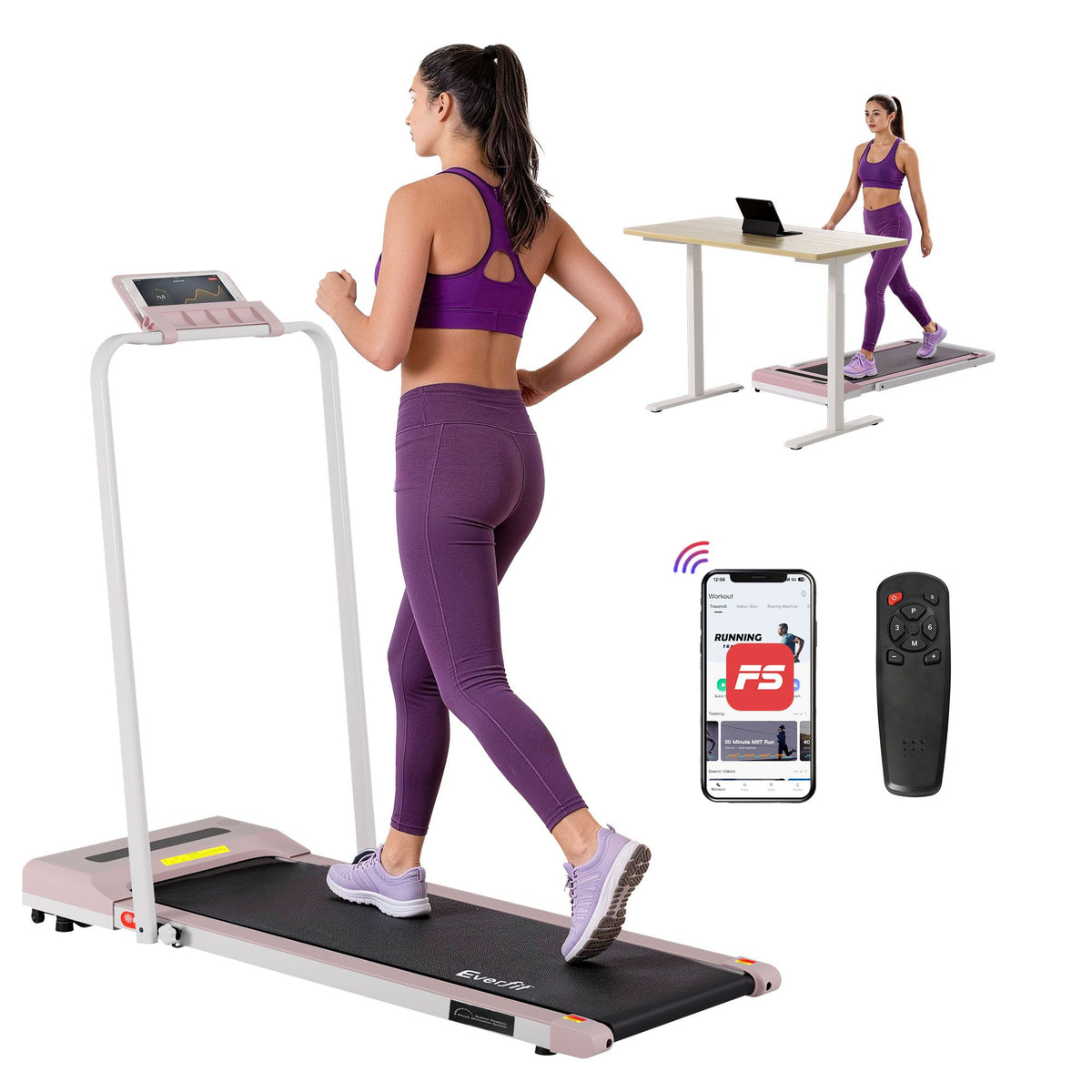 Everfit 2 in 1 Treadmill Electric Walking Pad Under Desk Home Gym Fitness 380mm Pink-Walking Pad-PEROZ Accessories