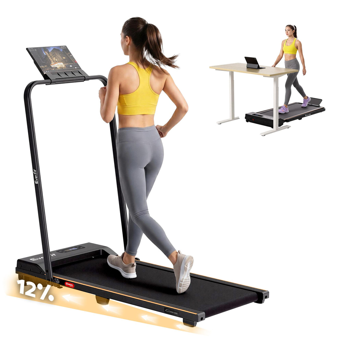 Everfit 3 in 1 Walking Pad Treadmill 12% Incline Foldable Under Desk Treadmills for Home Gym With 38cm Wide Belt Black-Sports & Fitness > Exercise, Gym & Fitness > Treadmills-PEROZ Accessories