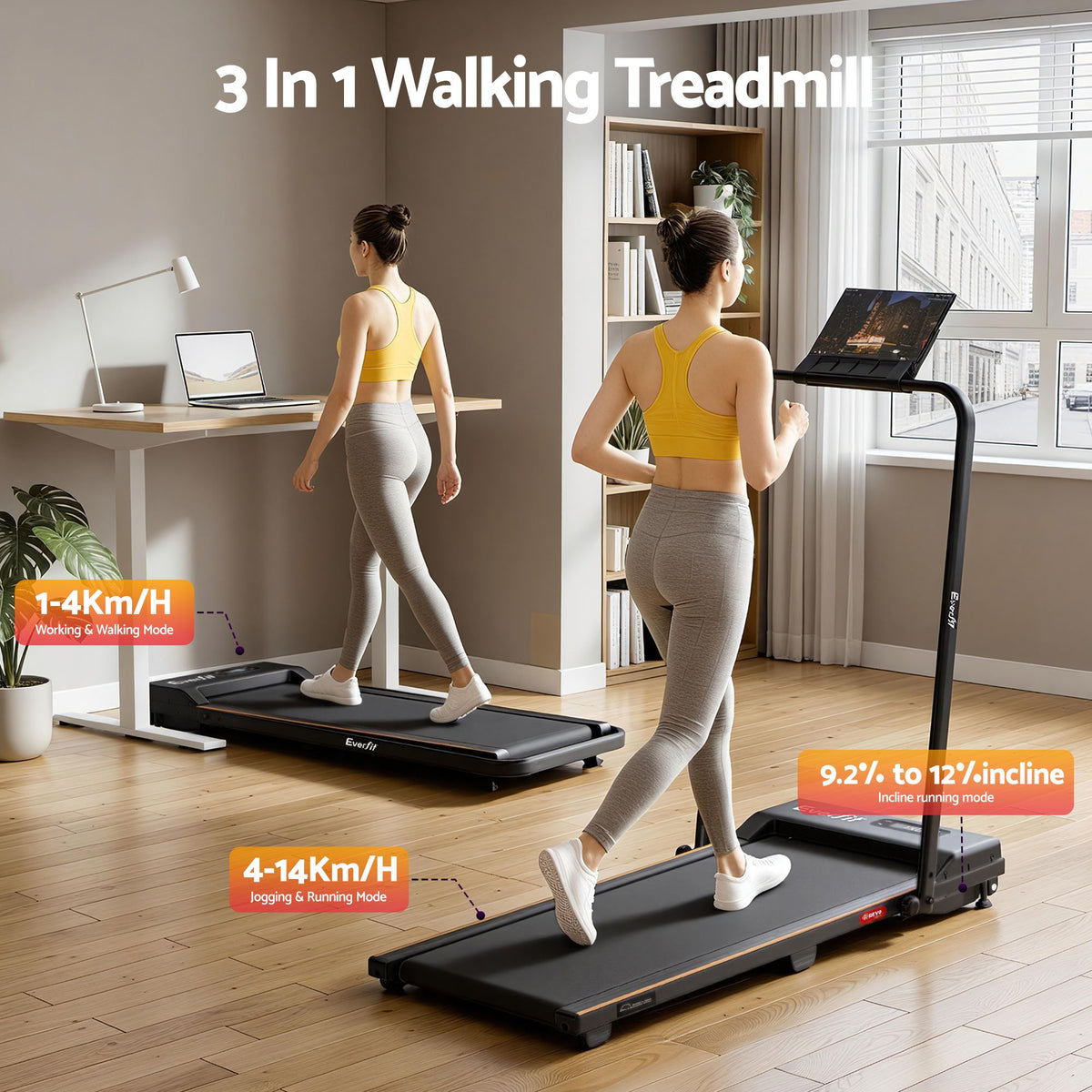 Everfit 3 in 1 Walking Pad Treadmill 12% Incline Foldable Under Desk Treadmills for Home Gym With 38cm Wide Belt Black-Sports & Fitness > Exercise, Gym & Fitness > Treadmills-PEROZ Accessories