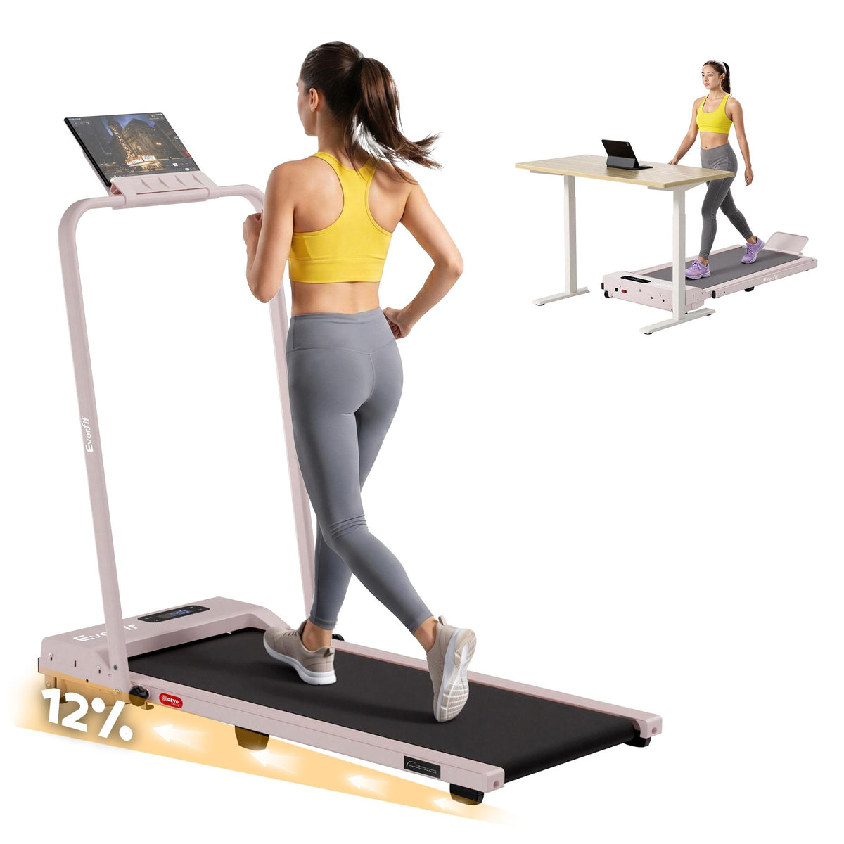 Everfit 3 in 1 Walking Pad Treadmill 12% Incline Foldable Under Desk Treadmills for Home Gym With 38cm Wide Belt Pink-Sports & Fitness > Exercise, Gym & Fitness > Treadmills-PEROZ Accessories