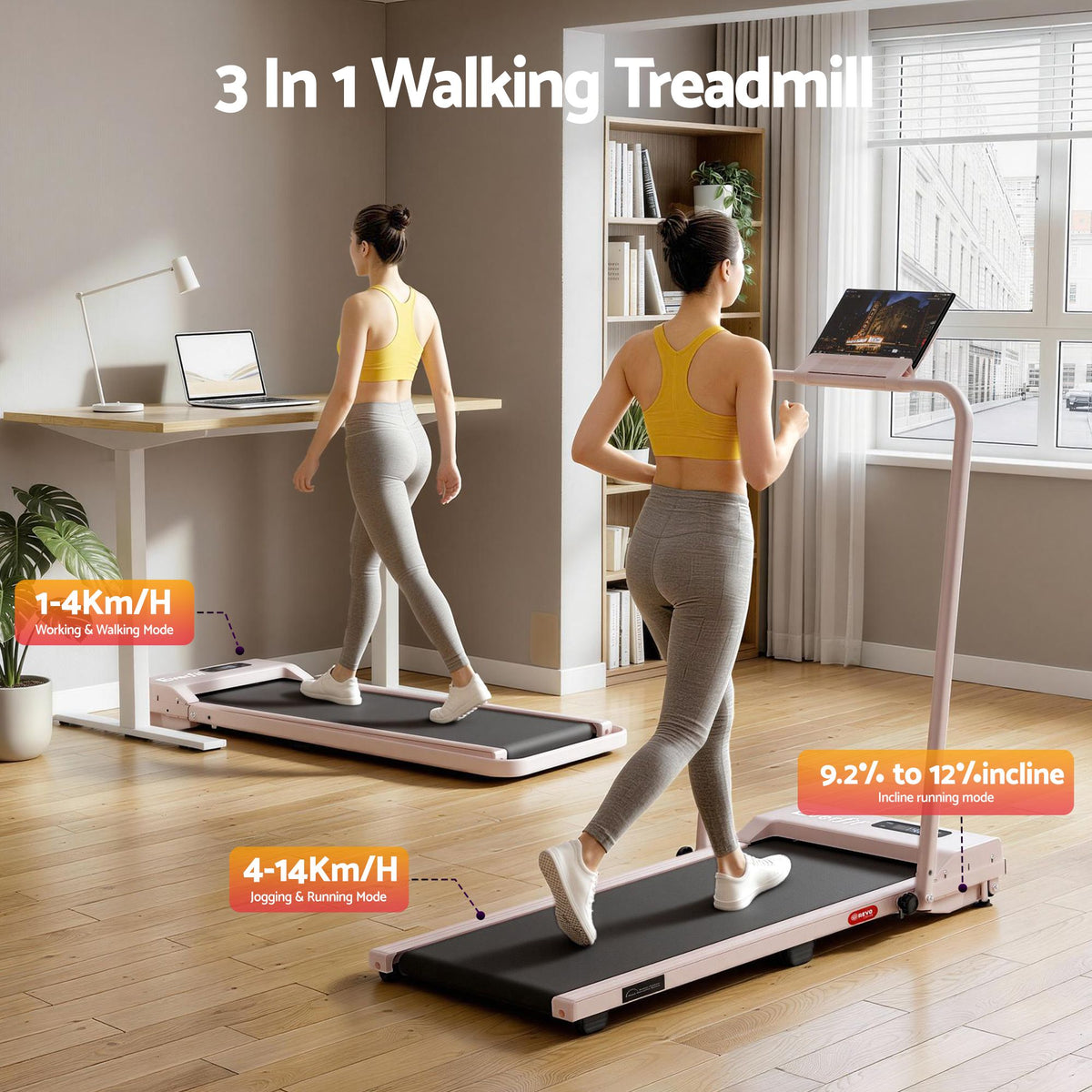Everfit 3 in 1 Walking Pad Treadmill 12% Incline Foldable Under Desk Treadmills for Home Gym With 38cm Wide Belt Pink-Sports & Fitness > Exercise, Gym & Fitness > Treadmills-PEROZ Accessories