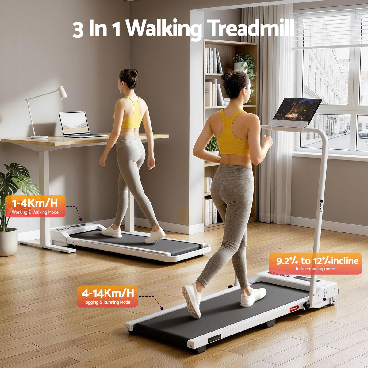 Everfit 3 in 1 Walking Pad Treadmill 12% Incline Foldable Under Desk Treadmills for Home Gym With 38cm Wide Belt White-Sports & Fitness > Exercise, Gym & Fitness > Treadmills-PEROZ Accessories