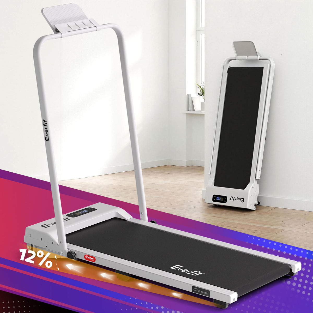 Everfit 3 in 1 Walking Pad Treadmill 12% Incline Foldable Under Desk Treadmills for Home Gym With 38cm Wide Belt White-Sports & Fitness > Exercise, Gym & Fitness > Treadmills-PEROZ Accessories