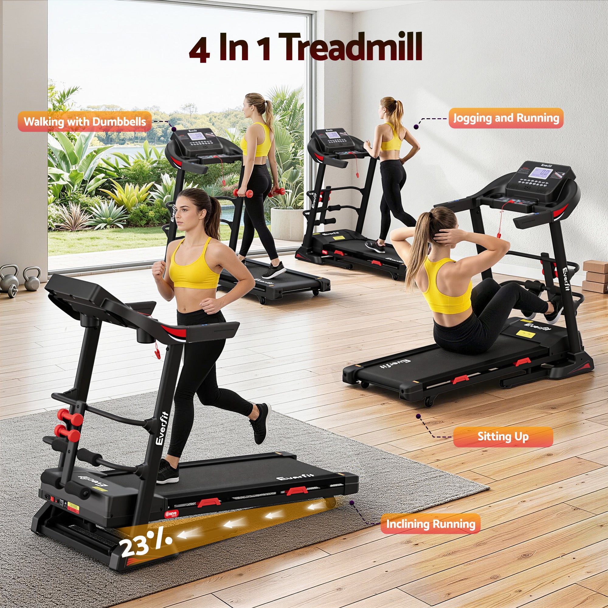 Everfit Treadmill Electric Home Gym Fitness Exercise Machine w/ Sit Up Bar 450mm-Sports & Fitness > Exercise, Gym & Fitness > Treadmills-PEROZ Accessories