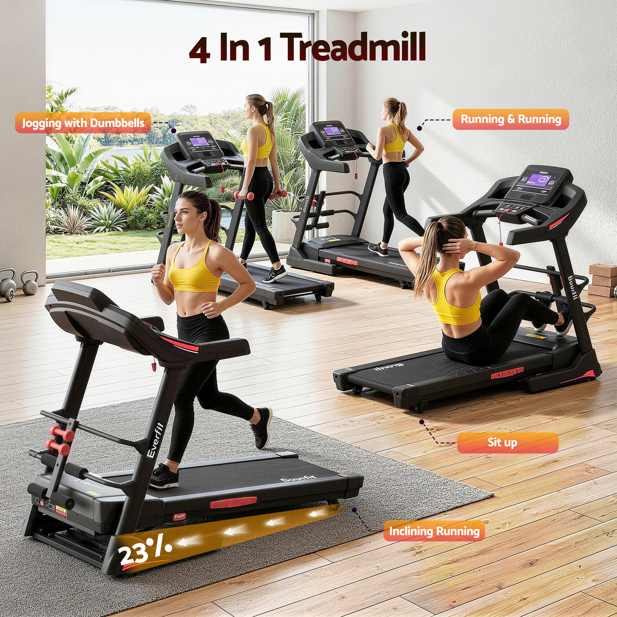 Everfit Treadmill Electric Home Gym Fitness Exercise Machine w/ Sit Up Bar 480mm-Sports & Fitness > Exercise, Gym & Fitness > Treadmills-PEROZ Accessories