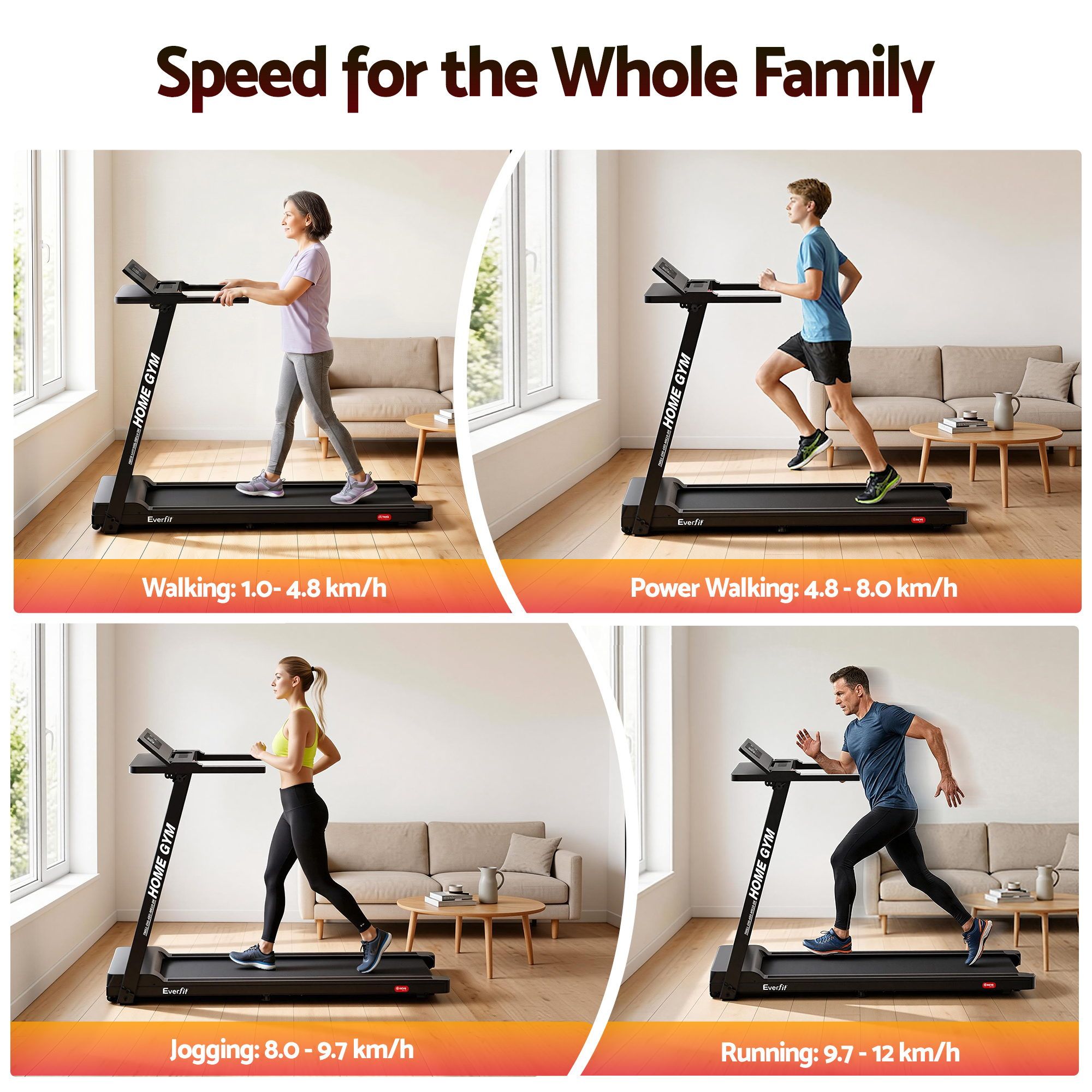 Everfit Treadmill Electric Home Gym Fitness Exercise Fully Foldable 450mm Black-Sports & Fitness > Fitness Accessories-PEROZ Accessories