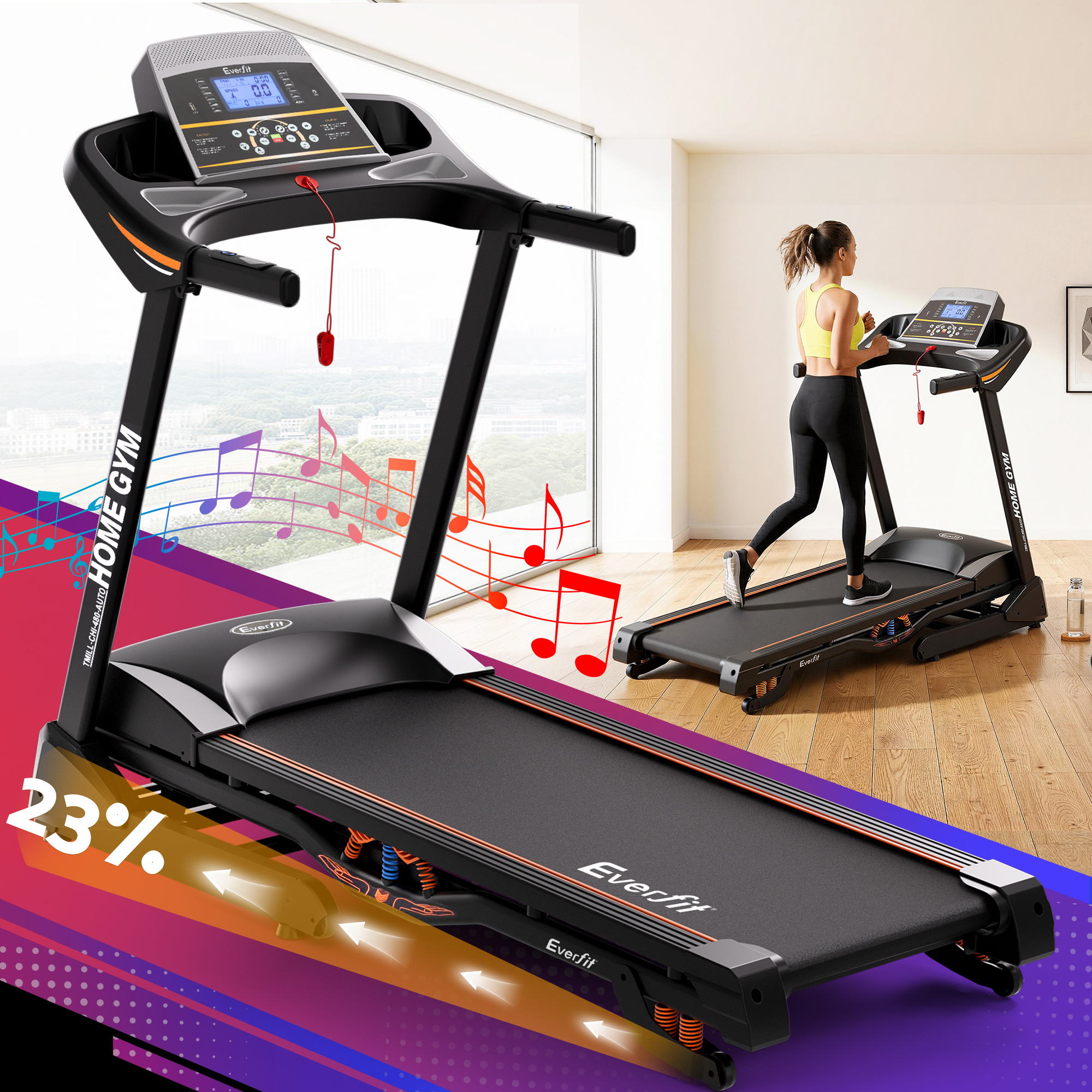 Everfit Treadmill Electric Auto Incline Home Gym Fitness Exercise Machine 480mm-Sports & Fitness > Fitness Accessories-PEROZ Accessories