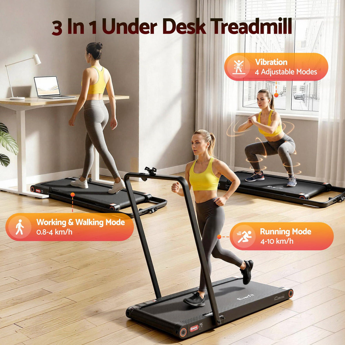Everfit 4 in 1 Vibration Walking Pad Treadmill Under Desk Treadmills for Home Gym with App Control 380mm Black-Sports & Fitness > Exercise, Gym & Fitness > Treadmills-PEROZ Accessories