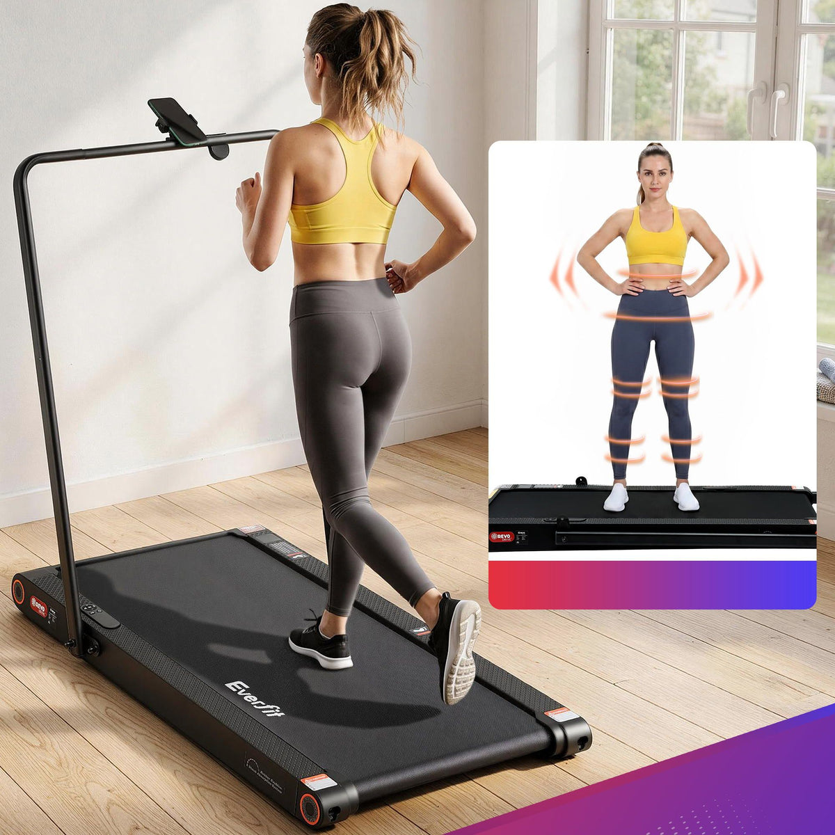 Everfit 4 in 1 Vibration Walking Pad Treadmill Under Desk Treadmills for Home Gym with App Control 380mm Black-Sports & Fitness > Exercise, Gym & Fitness > Treadmills-PEROZ Accessories