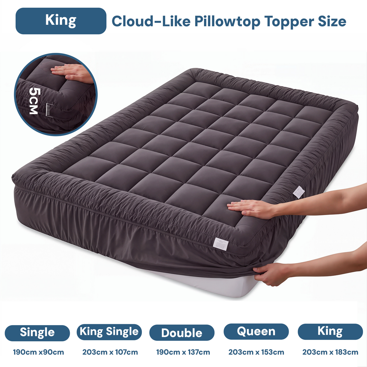 Giselle Bedding Bamboo Charcoal Filling Pillowtop Topper 1000GSM 5cm Thick Pillowtop Pad for Back Pain Relief Washable with 45cm Deep Pocket King-Mattress Toppers-PEROZ Accessories