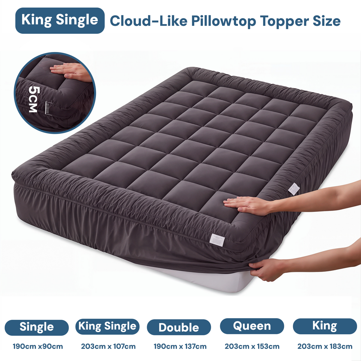 Giselle Bedding Bamboo Charcoal Filling Pillowtop Topper 1000GSM 5cm Thick Pillowtop Pad for Back Pain Relief Washable with 45cm Deep Pocket King Single-Mattress Toppers-PEROZ Accessories