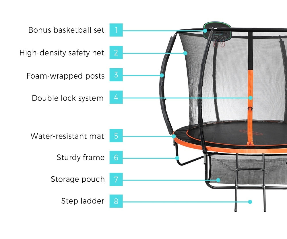 Mazam 10FT Kids Trampline Safety Net Basketball Set Ladder Round-Trampoline-PEROZ Accessories