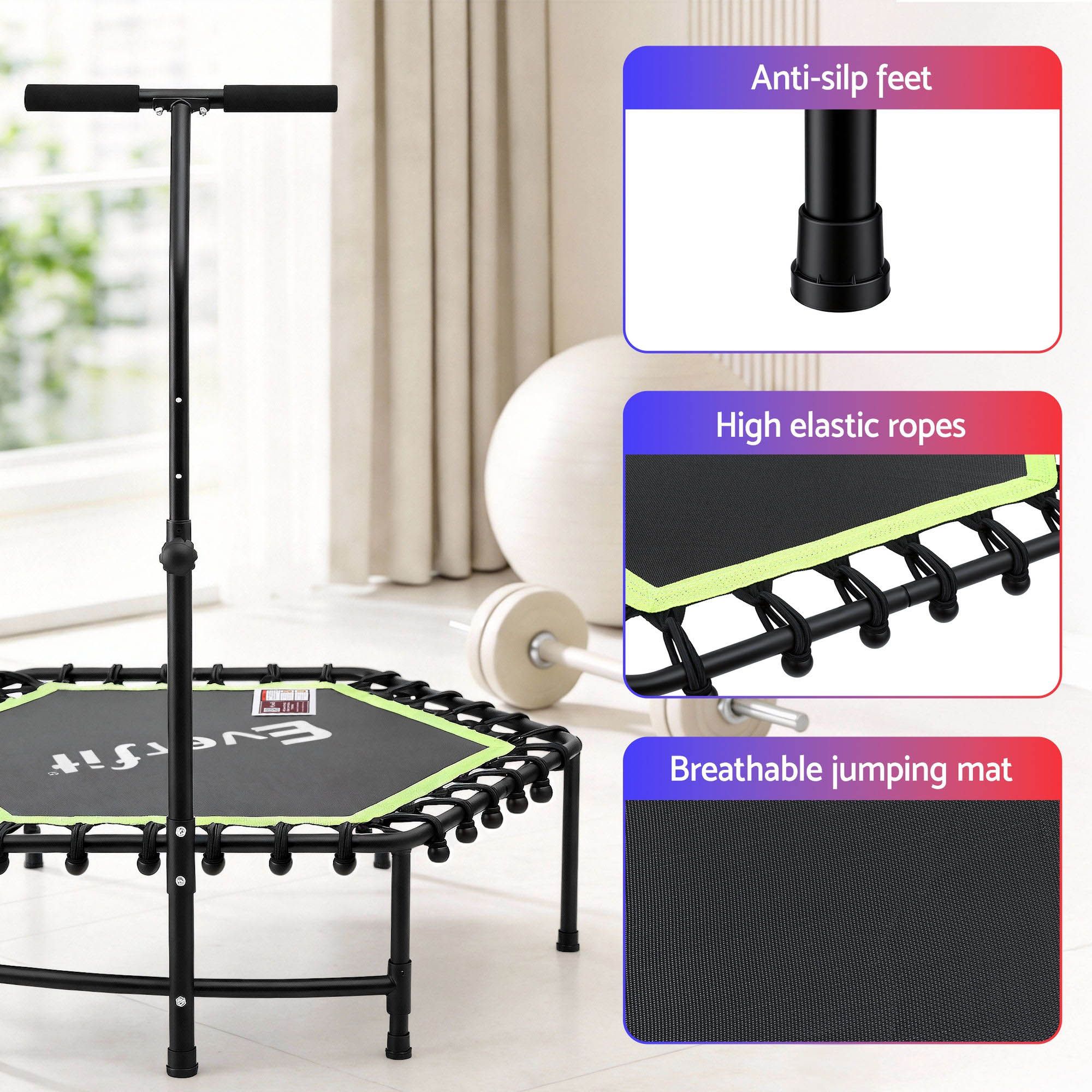 Everfit 48inch Hexagon Fitness Trampoline Rebounder Adjustable Handrail Green-Sports & Fitness > Trampolines > Trampolines & Accessories-PEROZ Accessories