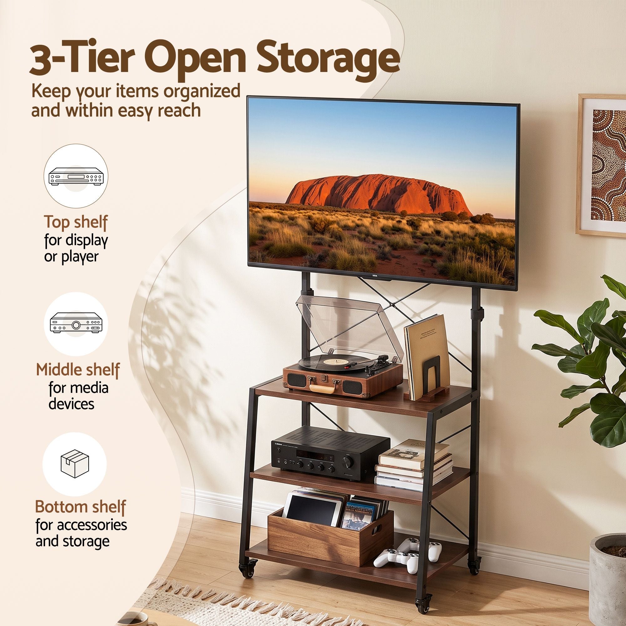 Artiss Mobile TV Stand 32-65 Inch TVs Mount 50kg with 3 MDF Shelves Lockable Wheels Adjustable Feet