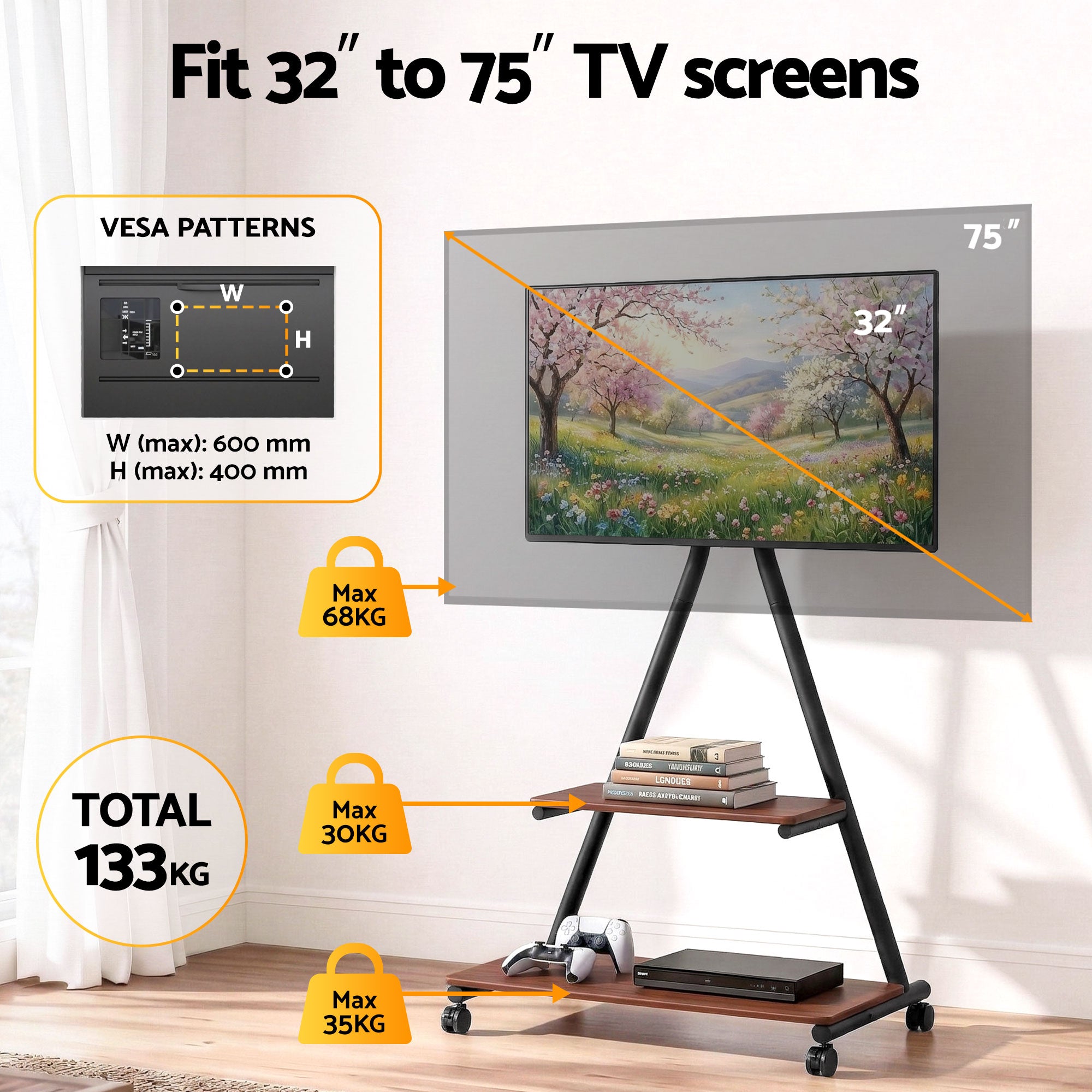 Artiss Mobile TV Stand Rolling Cart Wheels 32-75" Heavy Duty 133kg Mount Bracket-Furniture > Living Room > TV Units-PEROZ Accessories