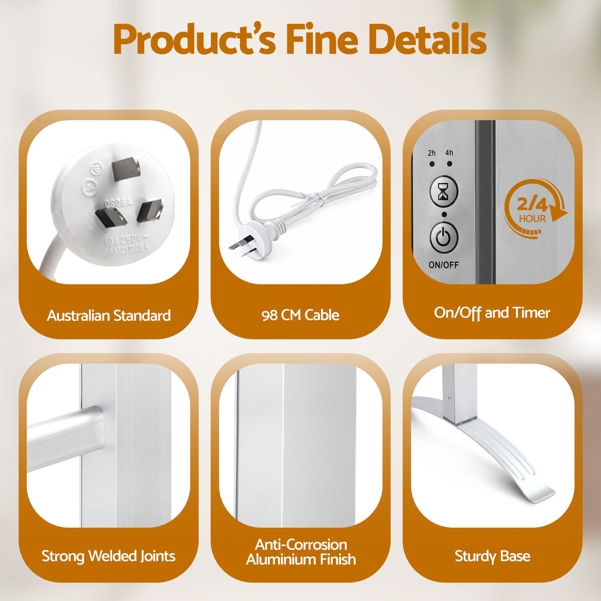 Devanti Electric Heated Towel Rail Rack 6 Bars with Timer Clothes Dry Warmer-Heated Towel Rails-PEROZ Accessories
