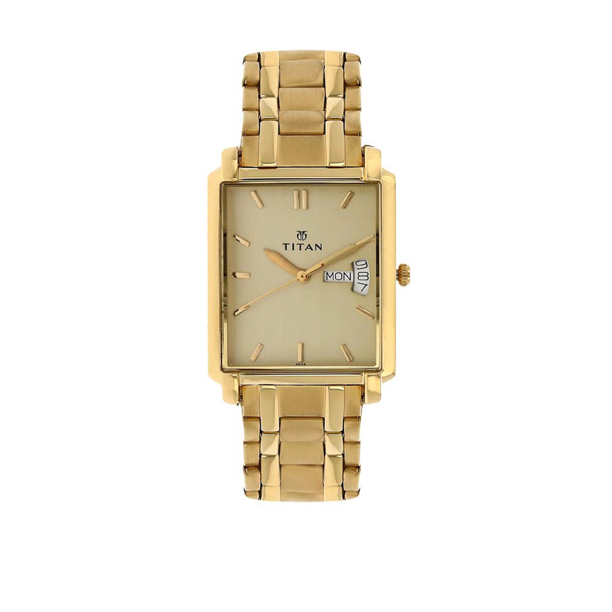 Titan Quartz Analogue with Day and Date Champagne Dial Stainless Steel Strap watch for Men-PEROZ Accessories