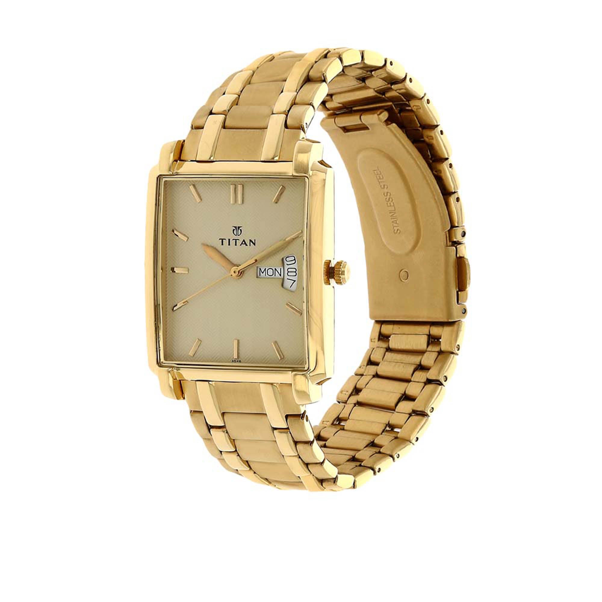 Titan Quartz Analogue with Day and Date Champagne Dial Stainless Steel Strap watch for Men-PEROZ Accessories
