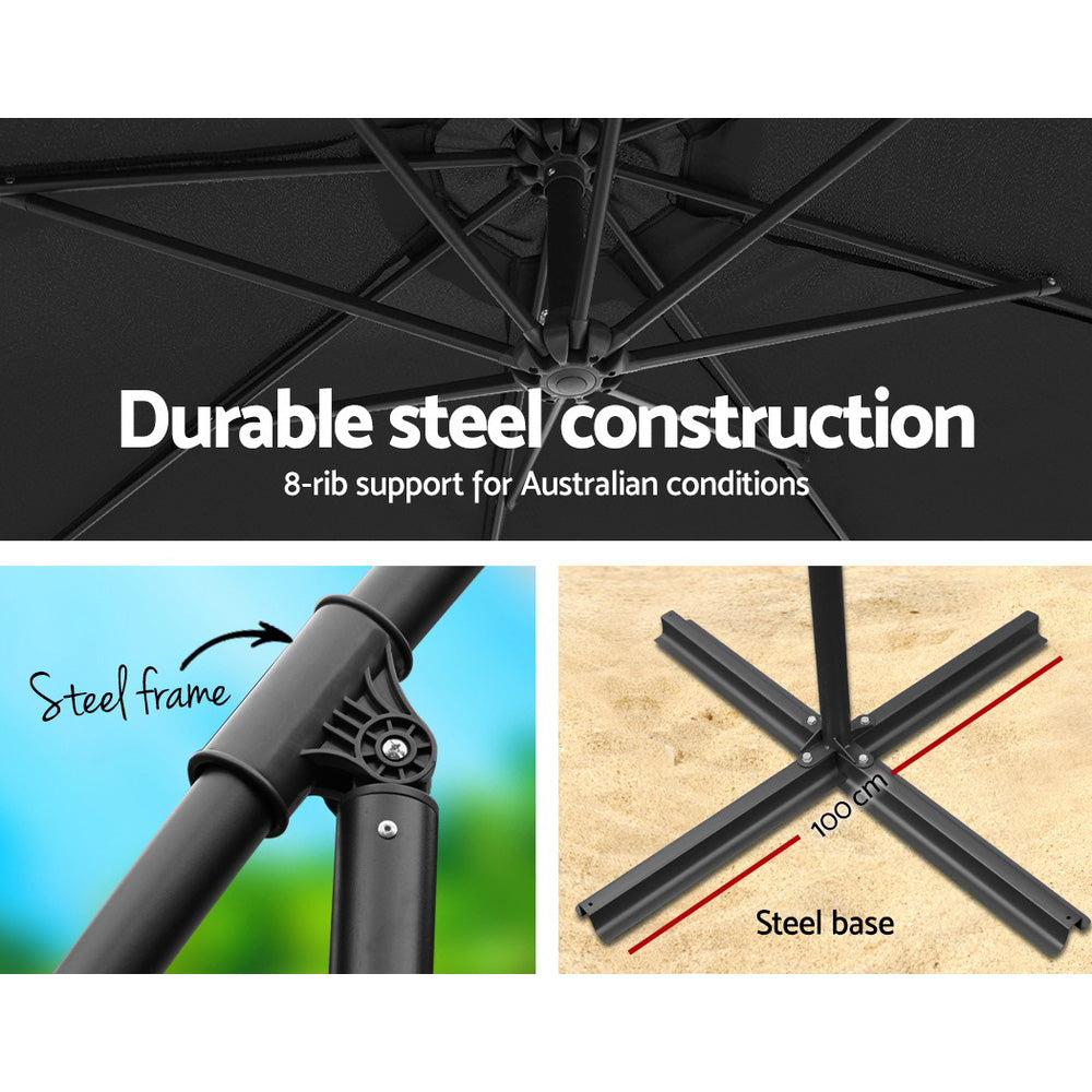 Instahut 3m Outdoor Umbrella w/Base Cantilever Beach Garden Patio Black-Home & Garden > Shading > Umbrellas & Sunshades-PEROZ Accessories