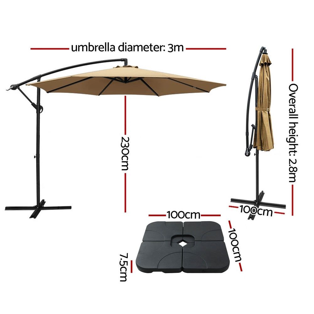 Instahut 3m Umbrella w/Base Outdoor Cantilever Beach Garden Patio Parasol Beige-Home & Garden > Shading > Umbrellas & Sunshades-PEROZ Accessories