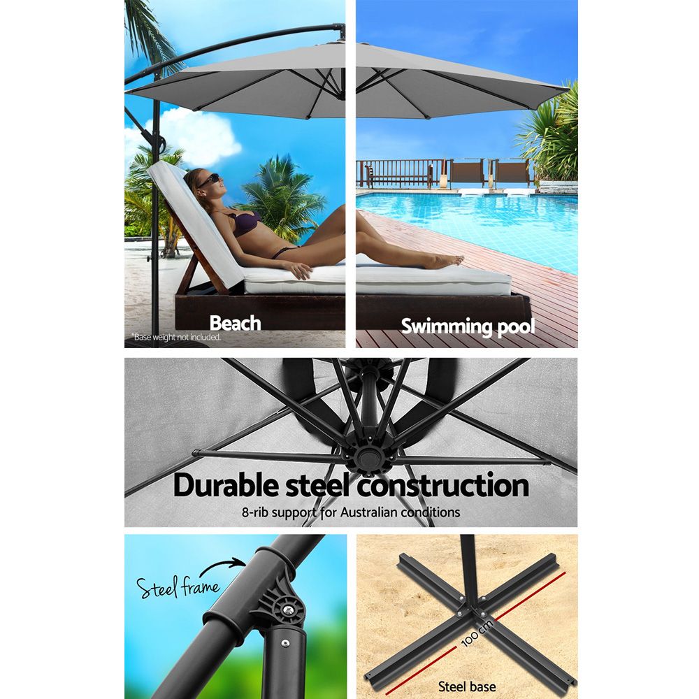 Instahut 3m Outdoor Umbrella Cantilever Beach Garden Patio Grey-Outdoor Umbrellas-PEROZ Accessories