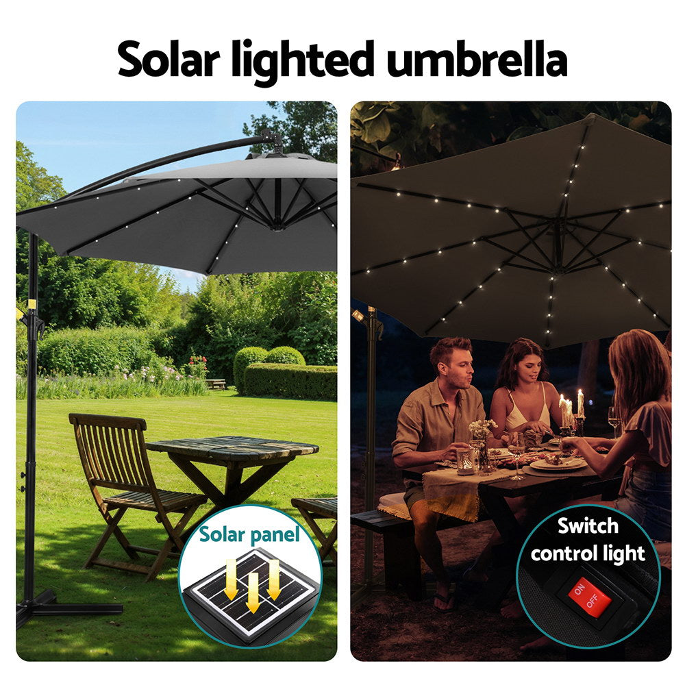 Instahut Outdoor Umbrella 3M Cantilever Beach LED Garden Shade Patio Charcoal-Home & Garden > Shading > Umbrellas & Sunshades-PEROZ Accessories