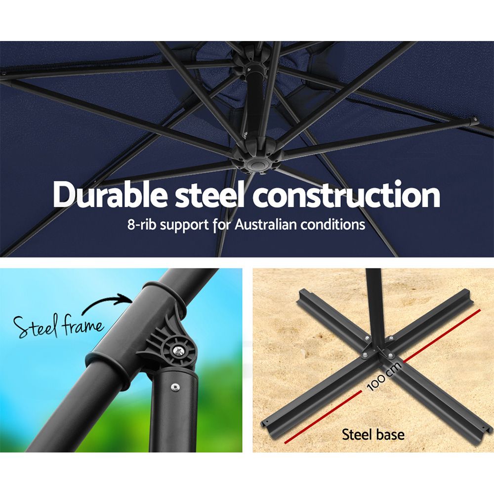 Instahut 3m Outdoor Umbrella Cantilever Beach Garden Patio Navy-Outdoor Umbrellas-PEROZ Accessories
