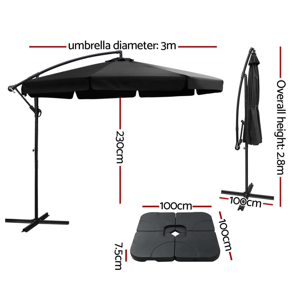 Instahut 3m Outdoor Umbrella w/Base Cantilever Garden Beach Patio Black-Home & Garden > Shading > Umbrellas & Sunshades-PEROZ Accessories