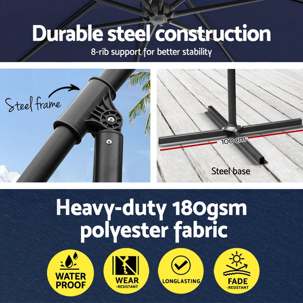 Instahut 3m Outdoor Umbrella w/Base Cantilever Garden Beach Patio Navy-Home & Garden > Shading > Umbrellas & Sunshades-PEROZ Accessories